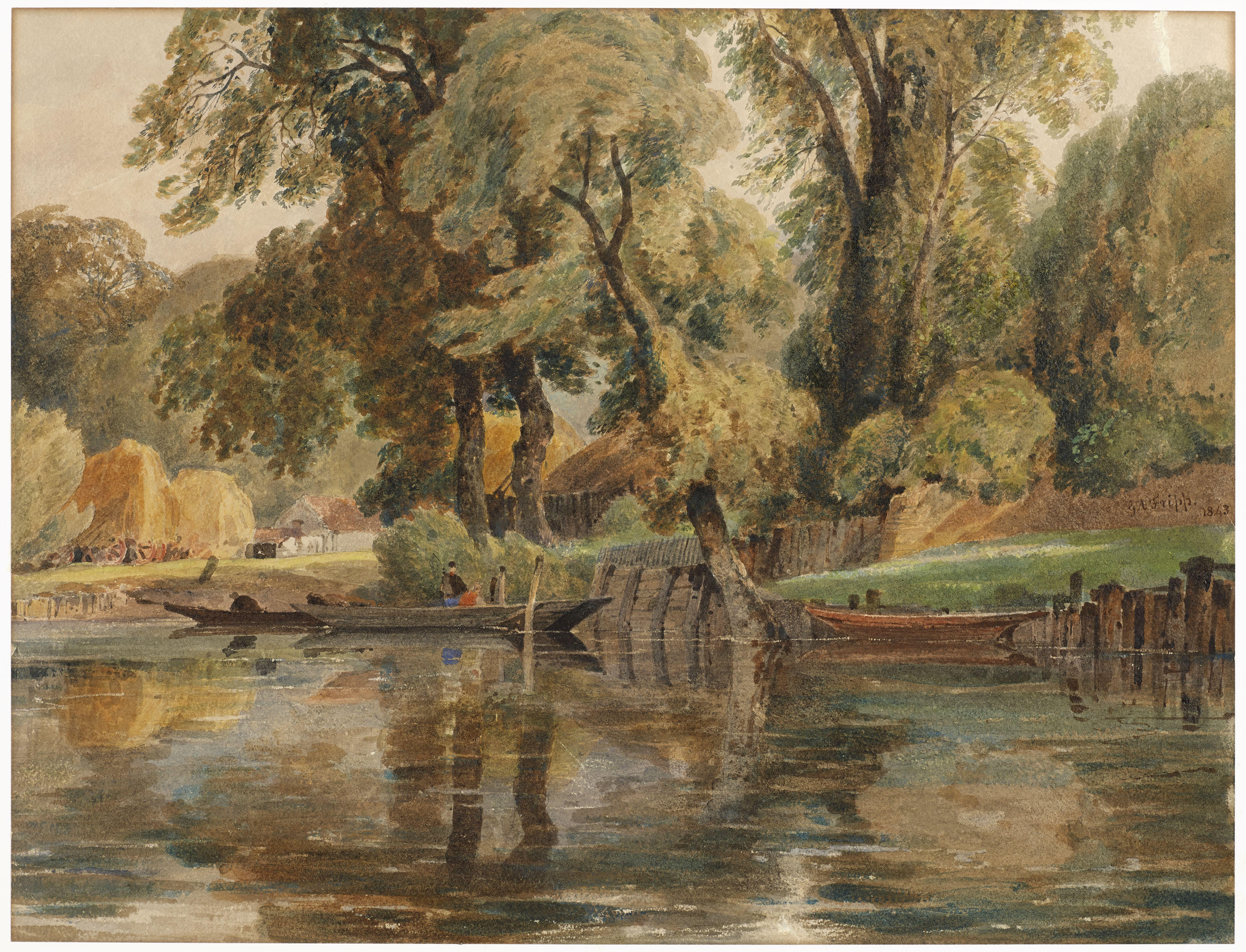 A Wooded River Landscape with Punts and Haystacks Beyond